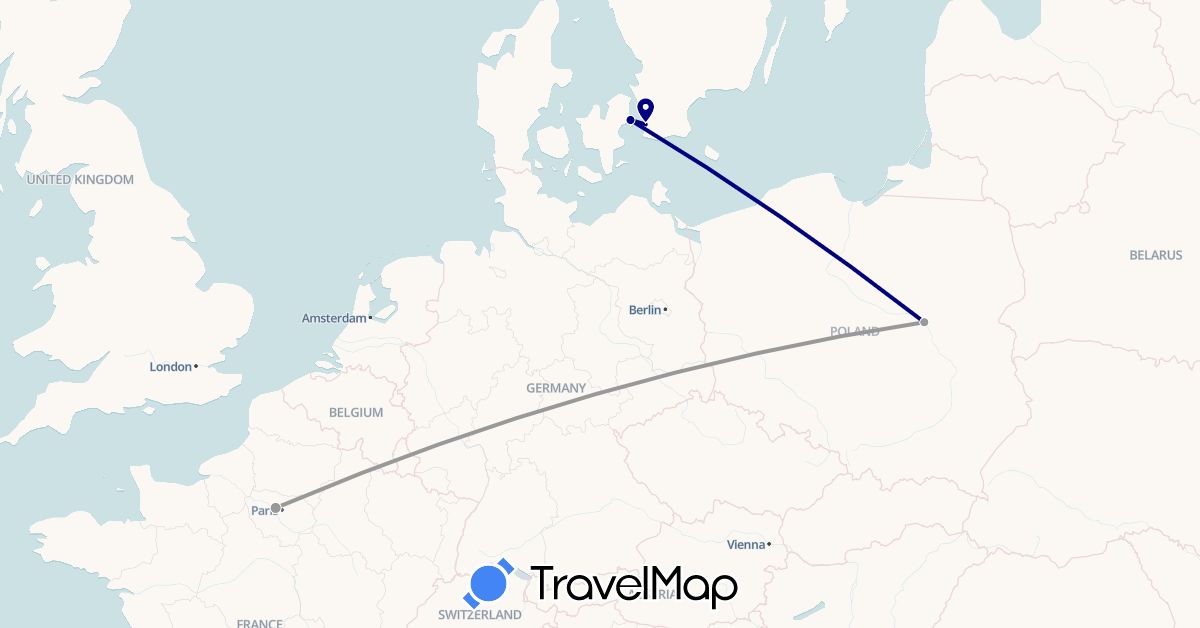 TravelMap itinerary: driving, plane in Denmark, France, Poland, Sweden (Europe)